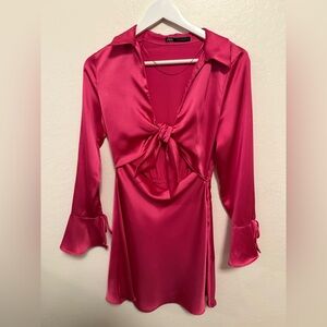 Zara Fuchsia Satin Tie-Front Blouse